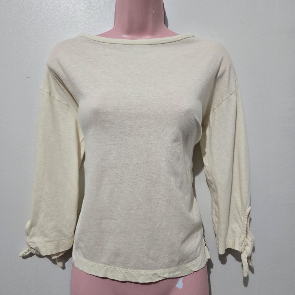 Madewell - T-Shirt - Wristlet Tie Hem Slit - Size M - Creme - Cotton Linen Blend